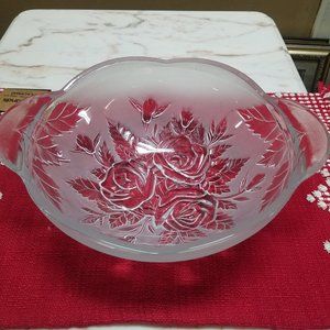 Vintage KIG Malaysia Frosted Rose Pressed Crystal 12” Glass Bowl